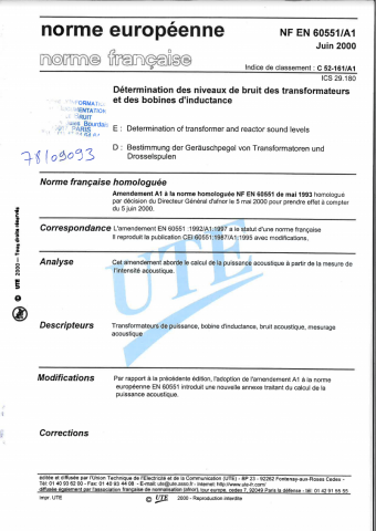 Norme NF EN 60551/A1. Détermination des niveaux de bruit ...