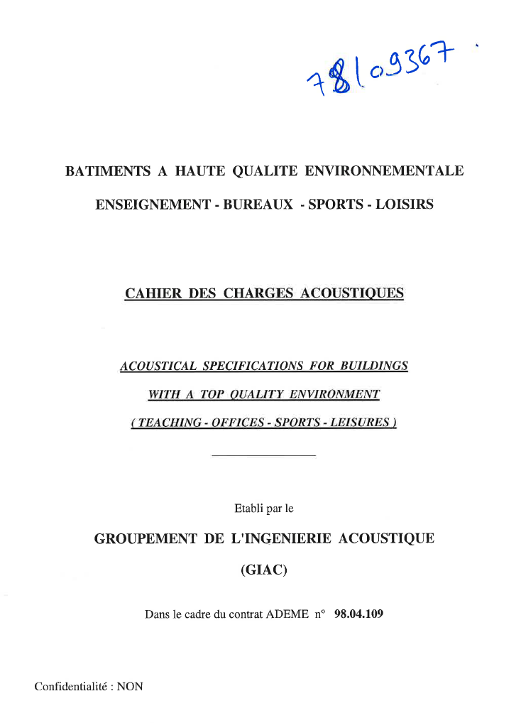 Bâtiment à haute qualité environnementale. Enseignement-bureaux-sports-loisirs. Cahier des charges acoustiques